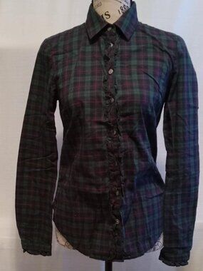 Tommy Hilfiger plaid Cotton button down blouse with pretty ruffles. XSMALL